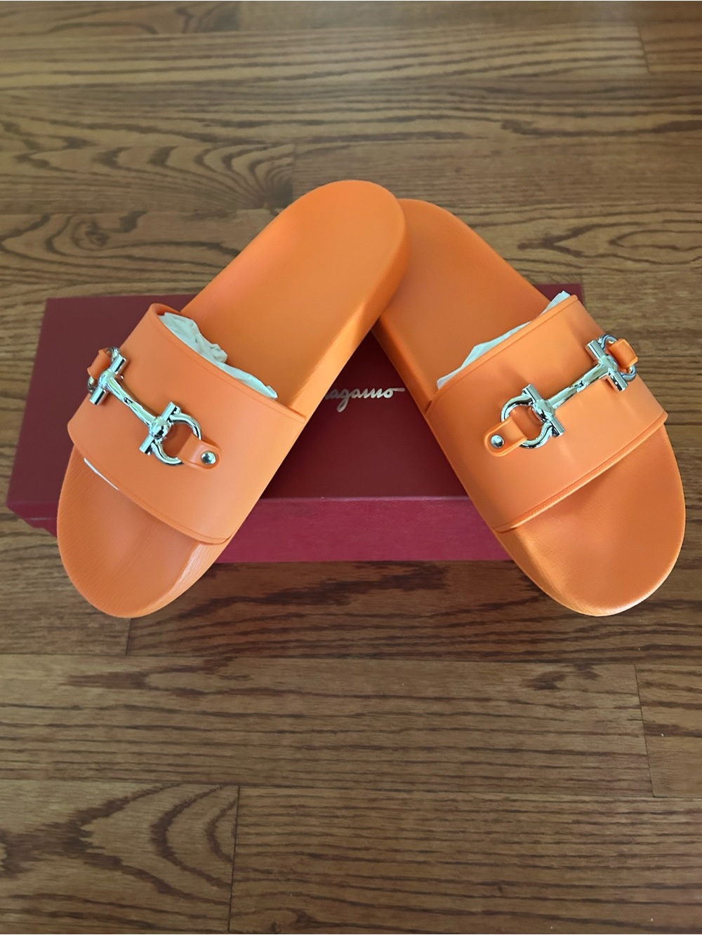 NIB Authentic Salvatore Ferragamo Men slides orange silver hardware  Size 9